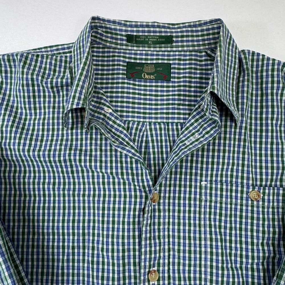 Orvis Mens XL Green Blue Check Long Sleeve Button Down Cotton Shirt Pocket